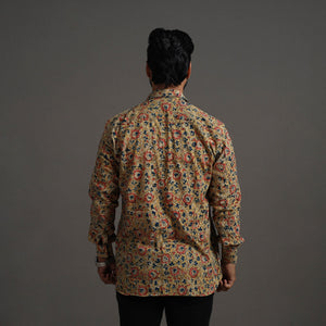 Beige - Kalamkari Block Printed Cotton Men Full Sleeve Shirt 13