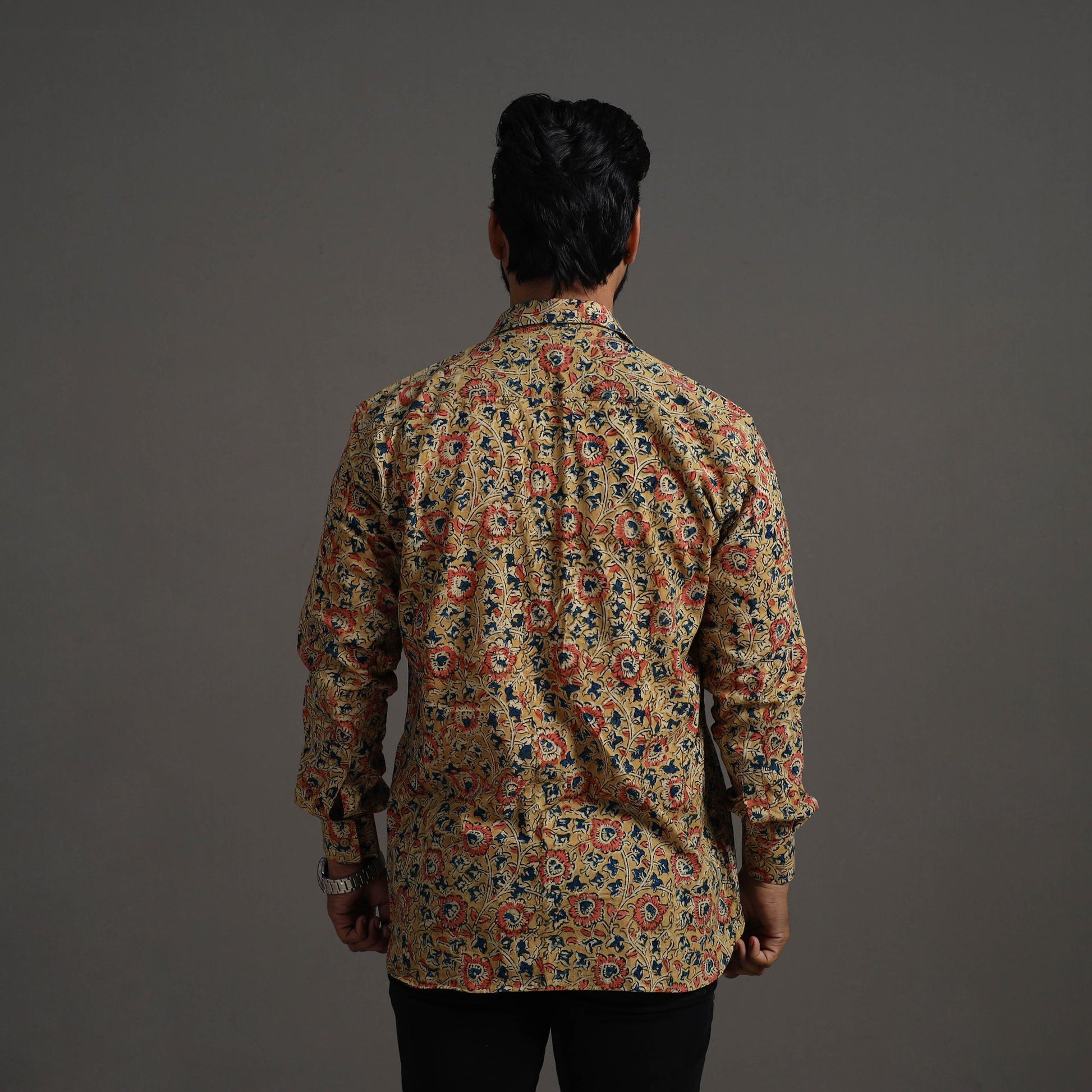 Beige - Kalamkari Block Printed Cotton Men Full Sleeve Shirt 13