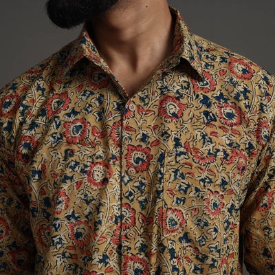 Beige - Kalamkari Block Printed Cotton Men Full Sleeve Shirt 13