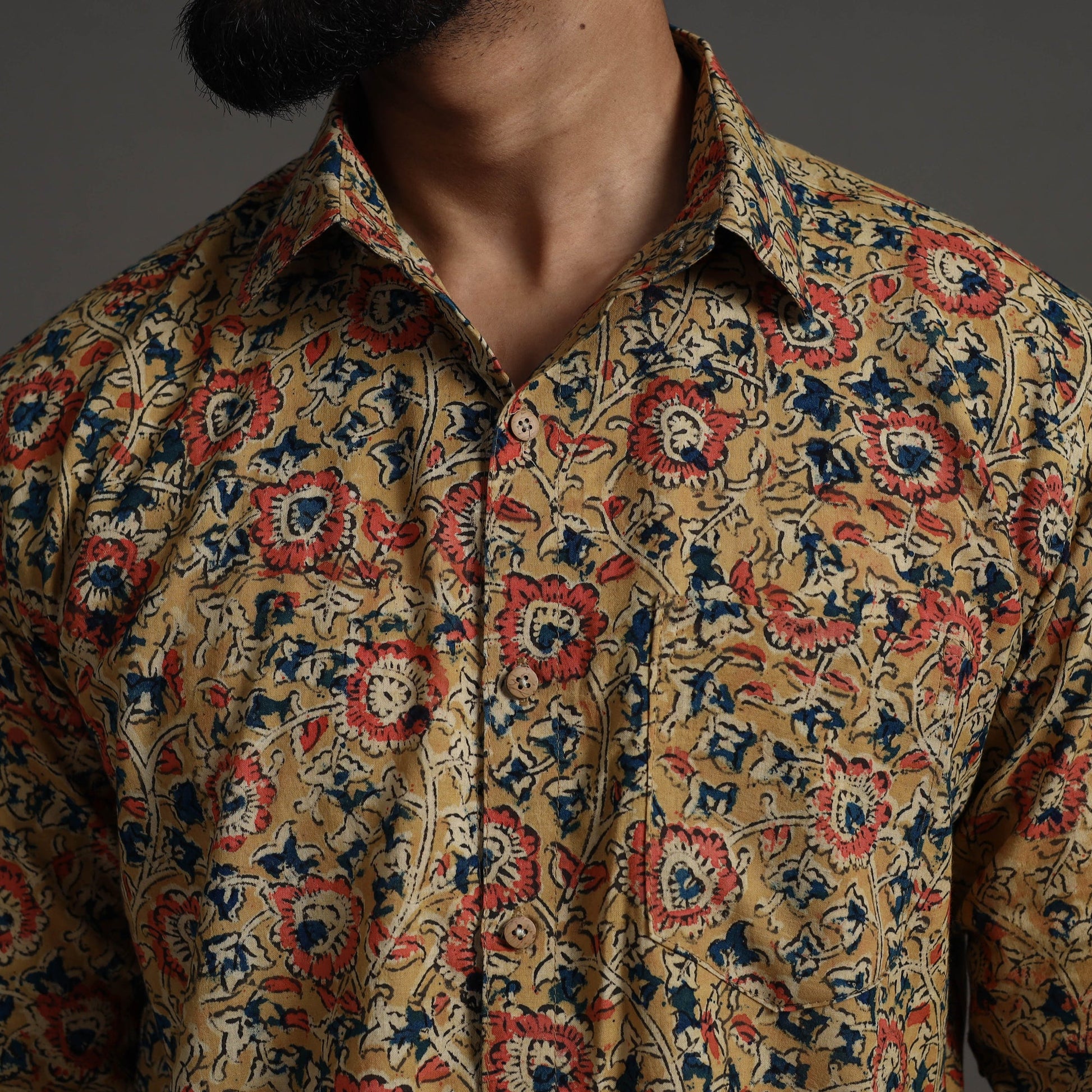 Beige - Kalamkari Block Printed Cotton Men Full Sleeve Shirt 13