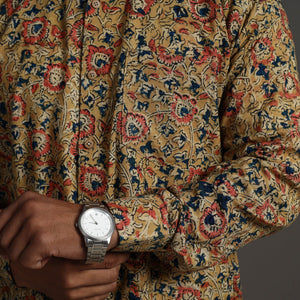 Beige - Kalamkari Block Printed Cotton Men Full Sleeve Shirt 13