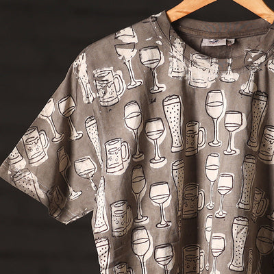 Brown - Bindaas Block Art Prints Natural Dyed Cotton Unisex Round Neck T-shirt