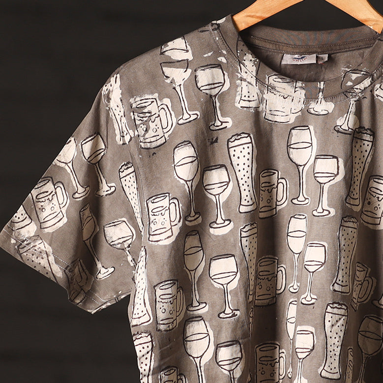 Brown - Bindaas Block Art Prints Natural Dyed Cotton Unisex Round Neck T-shirt