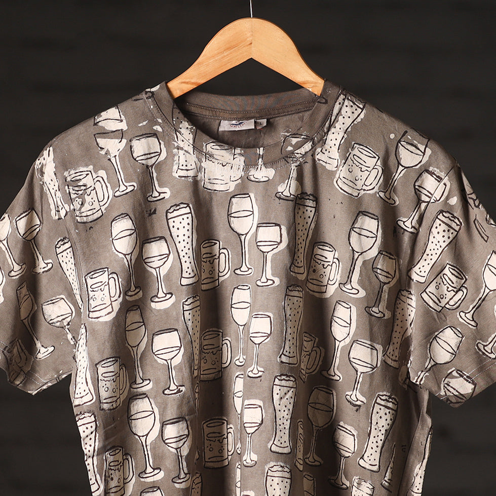Brown - Bindaas Block Art Prints Natural Dyed Cotton Unisex Round Neck T-shirt