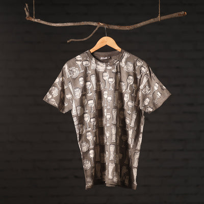 Brown - Bindaas Block Art Prints Natural Dyed Cotton Unisex Round Neck T-shirt