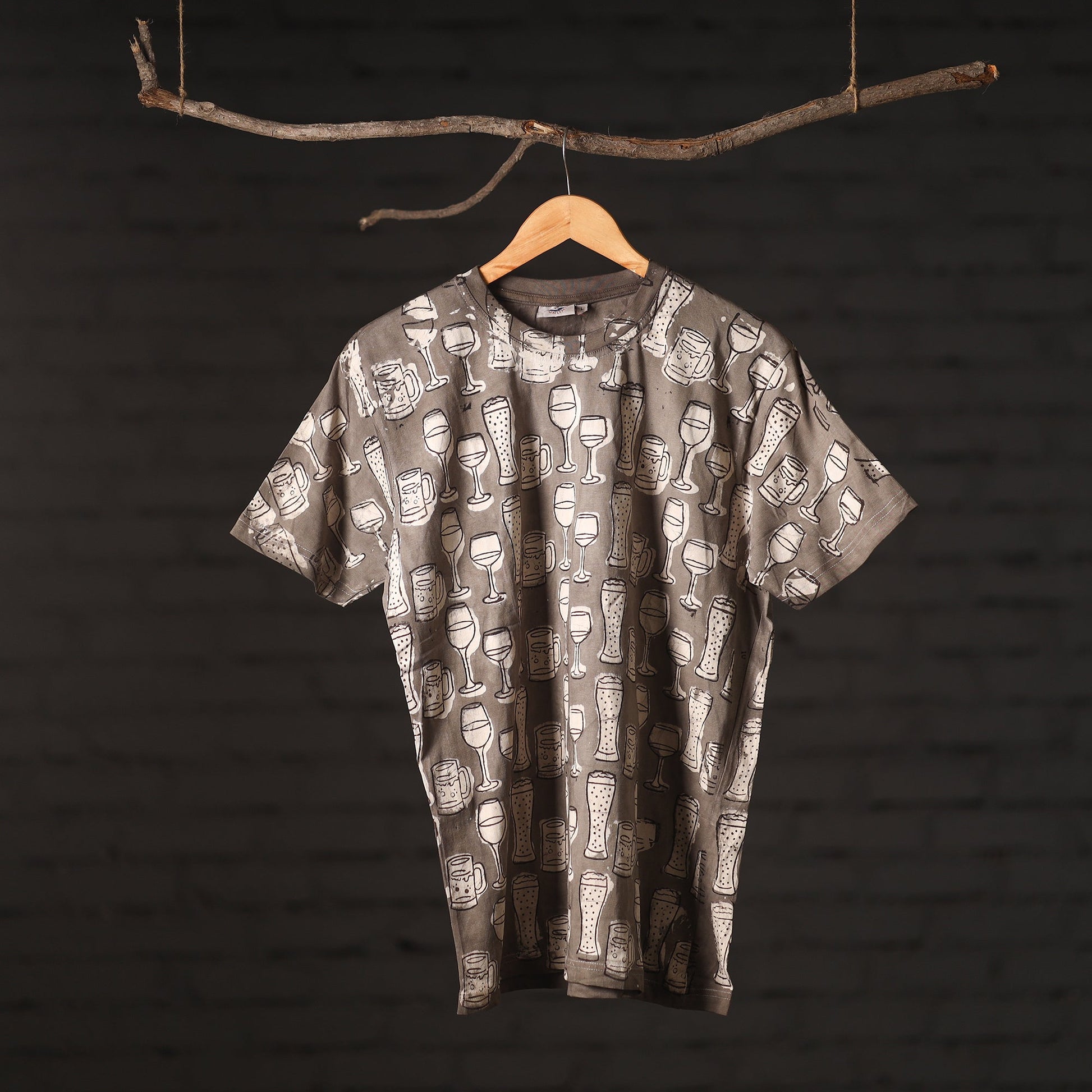 Brown - Bindaas Block Art Prints Natural Dyed Cotton Unisex Round Neck T-shirt