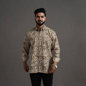 Beige - Pedana Kalamkari Block Print Cotton Men Full Sleeve Shirt