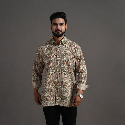 Beige - Pedana Kalamkari Block Print Cotton Men Full Sleeve Shirt