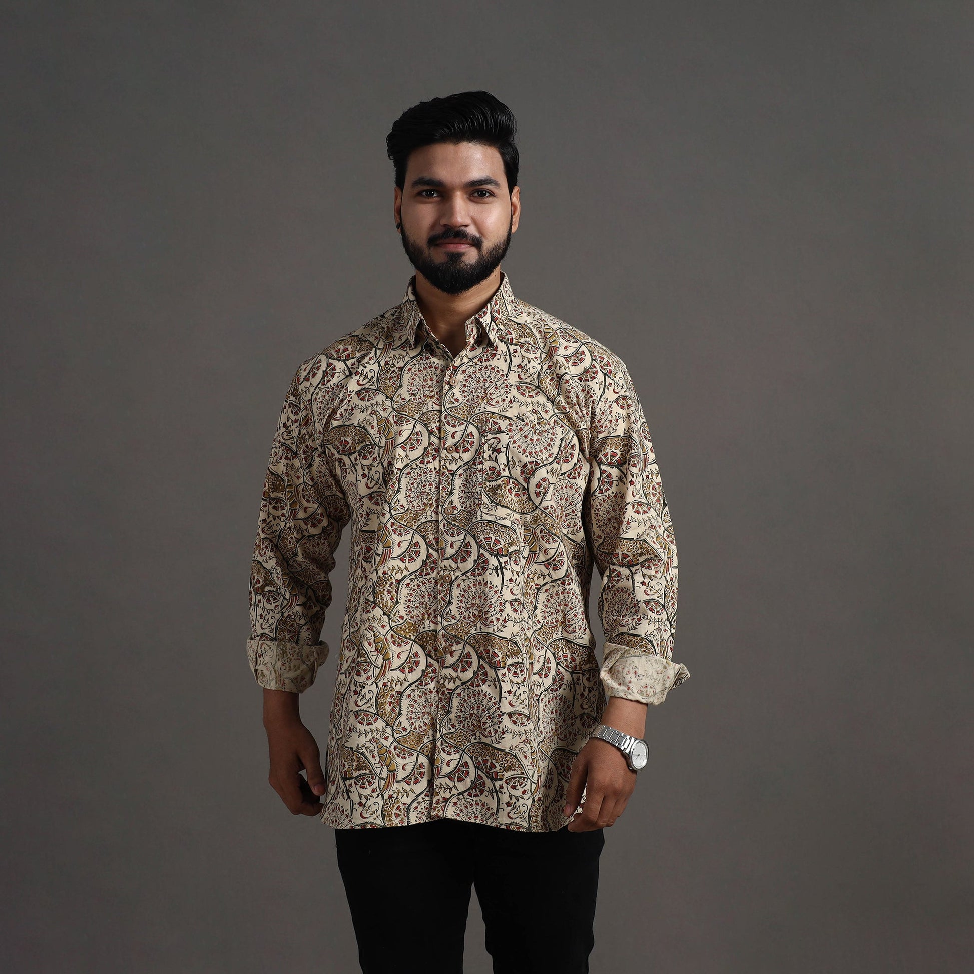 Beige - Pedana Kalamkari Block Print Cotton Men Full Sleeve Shirt