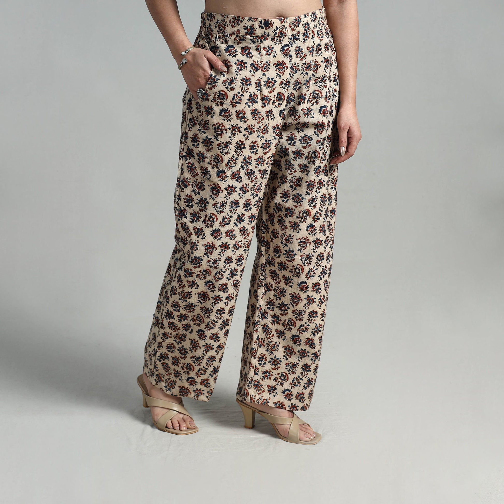 Beige - Block Printed Cotton Pedana Kalamkari Palazzo 01