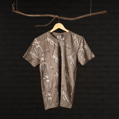Brown - Bindaas Block Art Prints Natural Dyed Cotton Round Neck T-shirt
