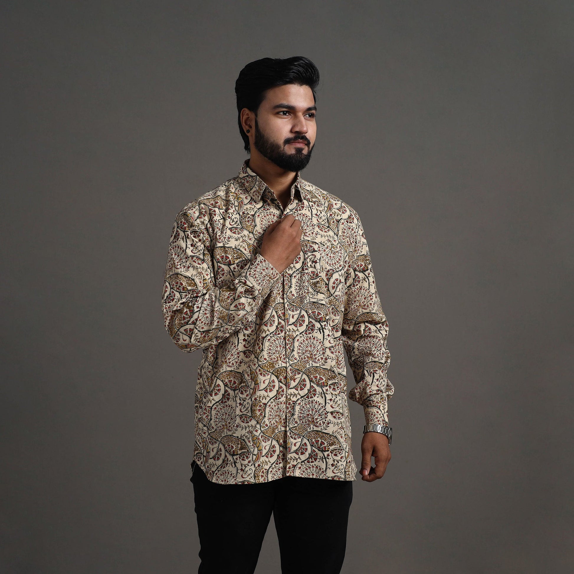 Beige - Pedana Kalamkari Block Print Cotton Men Full Sleeve Shirt