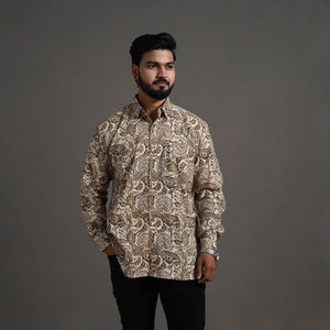 Beige - Pedana Kalamkari Block Print Cotton Men Full Sleeve Shirt