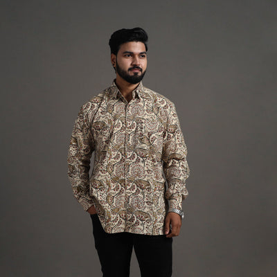 Beige - Pedana Kalamkari Block Print Cotton Men Full Sleeve Shirt