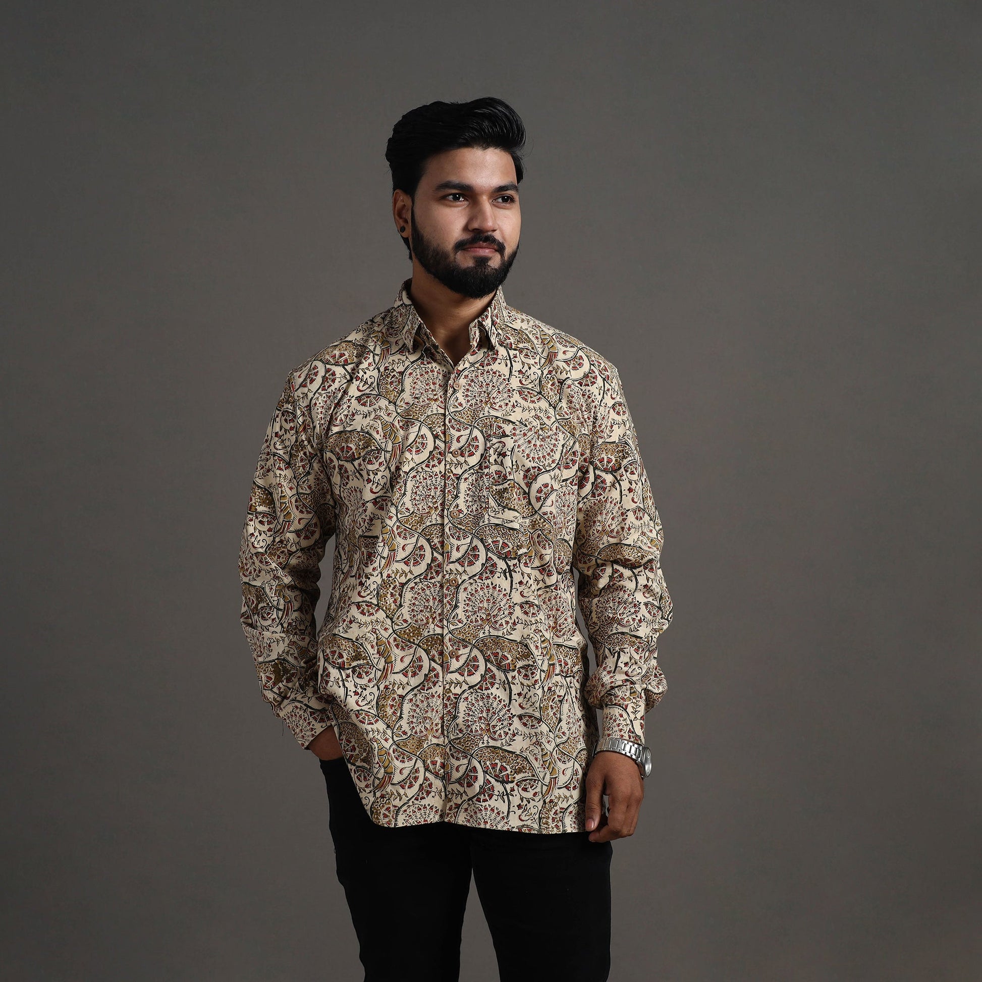 Beige - Pedana Kalamkari Block Print Cotton Men Full Sleeve Shirt