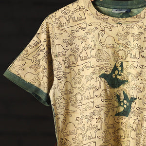 Beige - Bindaas Natural Dyed Art Block Print Round Neck T-shirt in Pure Cotton