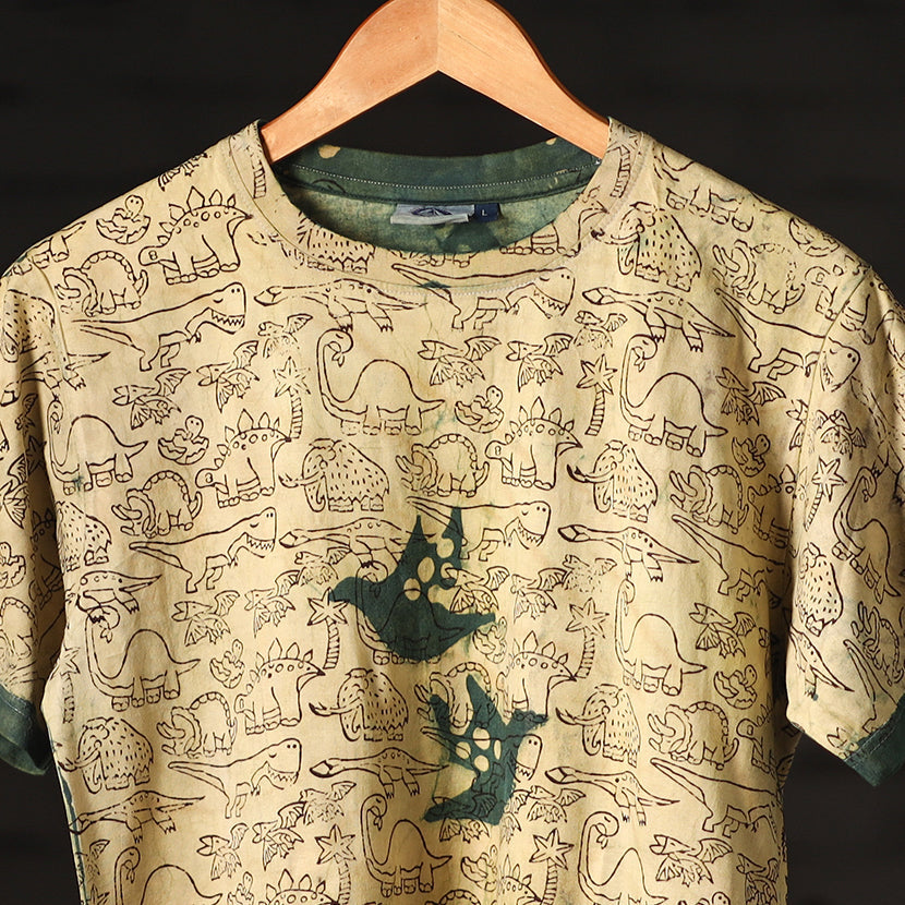 Beige - Bindaas Natural Dyed Art Block Print Round Neck T-shirt in Pure Cotton