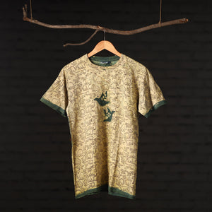 Beige - Bindaas Natural Dyed Art Block Print Round Neck T-shirt in Pure Cotton
