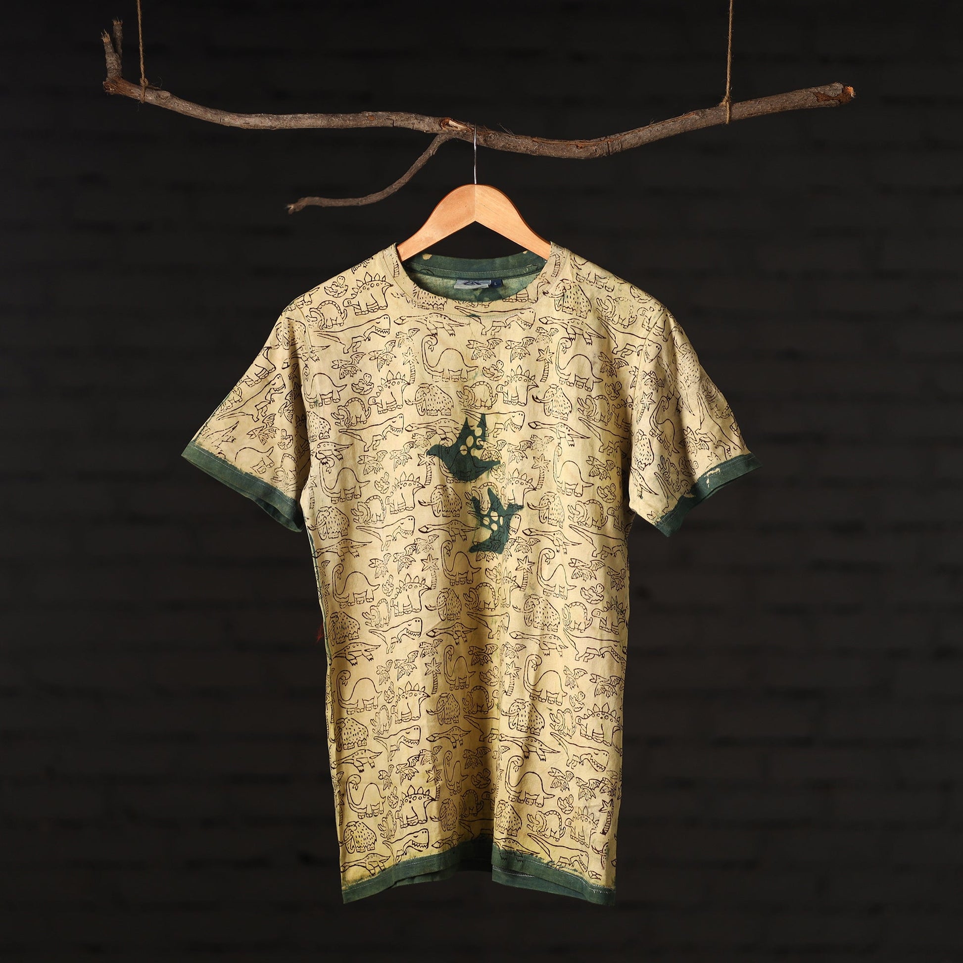 Beige - Bindaas Natural Dyed Art Block Print Round Neck T-shirt in Pure Cotton