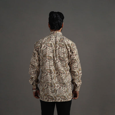 Beige - Pedana Kalamkari Block Print Cotton Men Full Sleeve Shirt