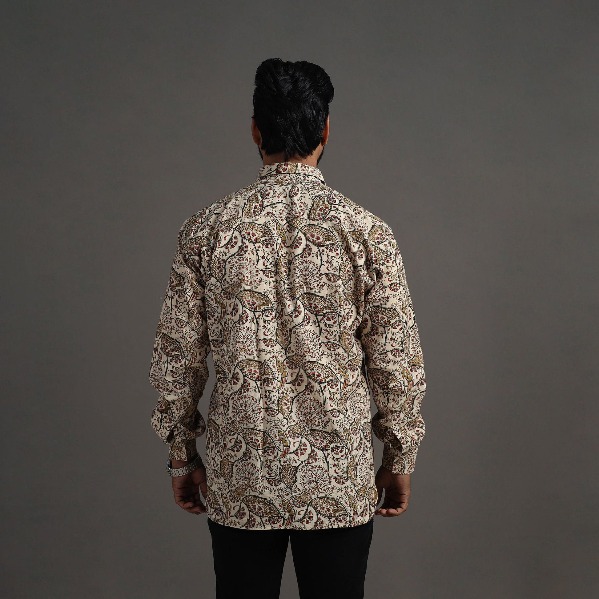 Beige - Pedana Kalamkari Block Print Cotton Men Full Sleeve Shirt