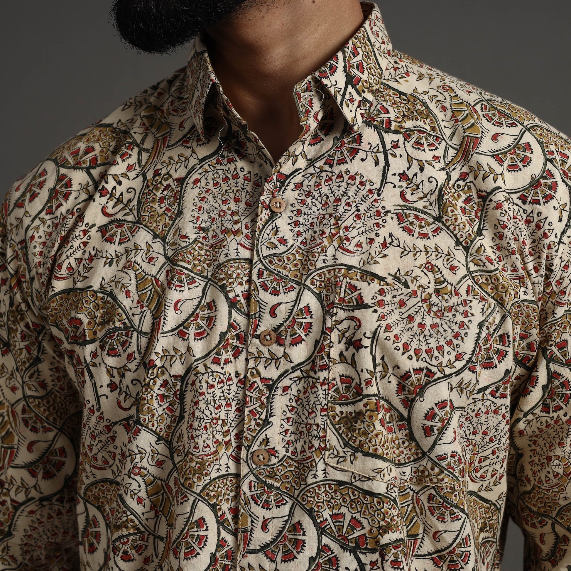 Beige - Pedana Kalamkari Block Print Cotton Men Full Sleeve Shirt