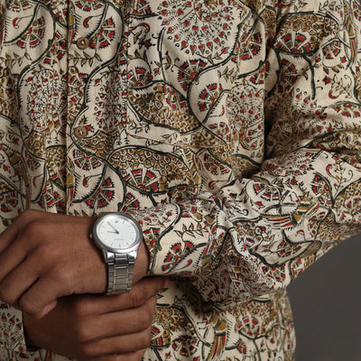 Beige - Pedana Kalamkari Block Print Cotton Men Full Sleeve Shirt