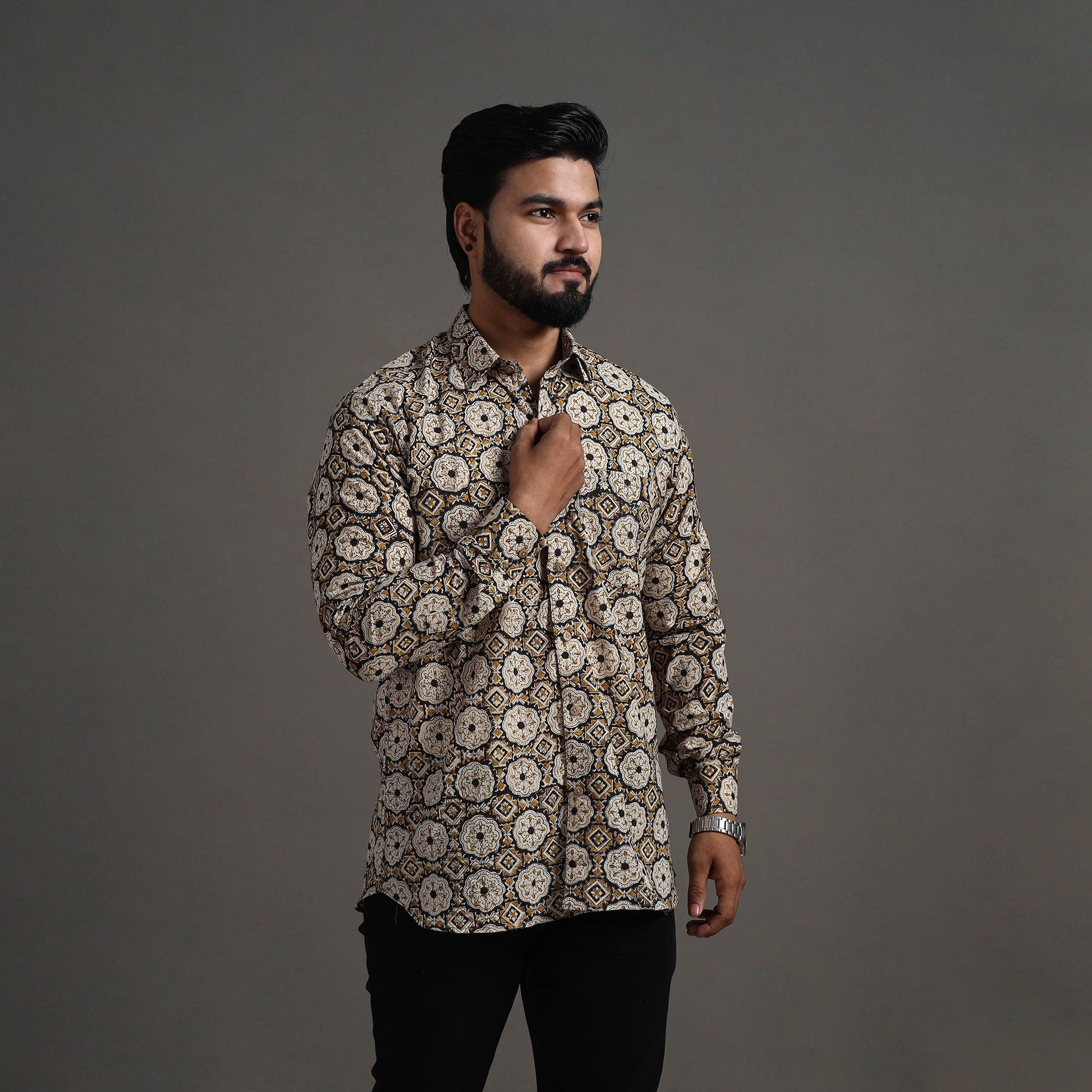 Brown - Bagru Block Printed Cotton Men Full Sleeve Shirt 13