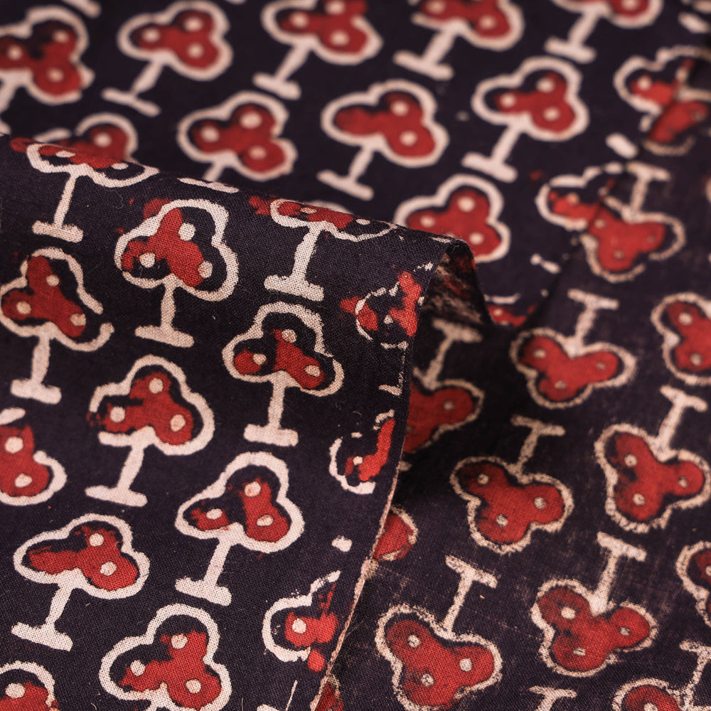 Black - Red Clubs Ajrakh Hand Block Printed Natural Dyed Cotton Fabric