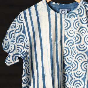Blue - Bindaas Natural Dyed Art Block Print Round Neck T-shirt in Pure Cotton