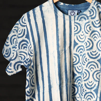 Blue - Bindaas Natural Dyed Art Block Print Round Neck T-shirt in Pure Cotton