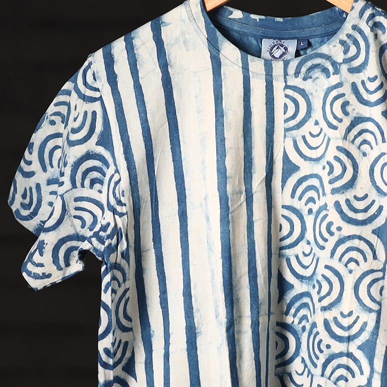 Blue - Bindaas Natural Dyed Art Block Print Round Neck T-shirt in Pure Cotton