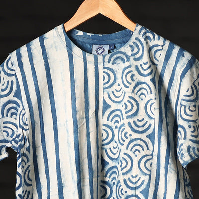Blue - Bindaas Natural Dyed Art Block Print Round Neck T-shirt in Pure Cotton