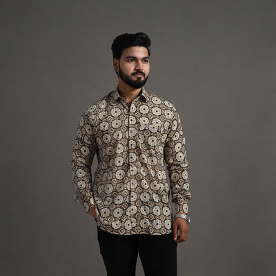 Brown - Bagru Block Printed Cotton Men Full Sleeve Shirt 13
