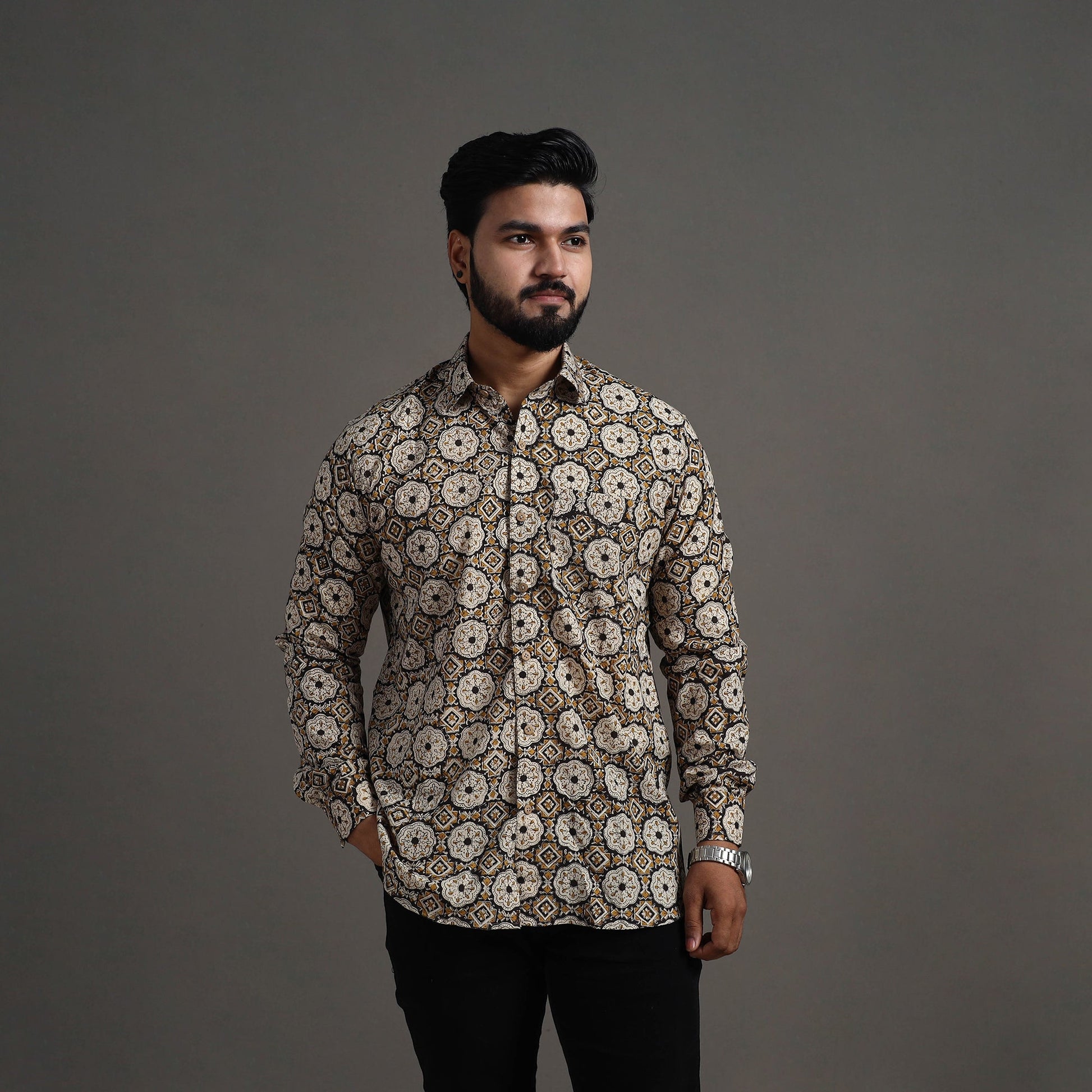 Brown - Bagru Block Printed Cotton Men Full Sleeve Shirt 13