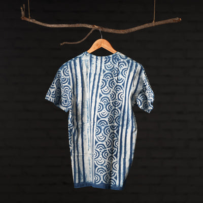 Blue - Bindaas Natural Dyed Art Block Print Round Neck T-shirt in Pure Cotton
