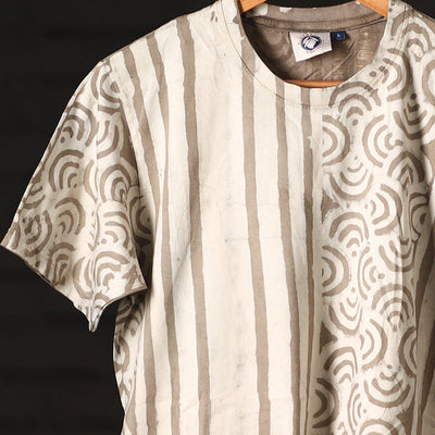 Beige - Brown - Bindaas Natural Dyed Art Block Print Round Neck T-shirt in Pure Cotton