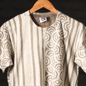 Beige - Brown - Bindaas Natural Dyed Art Block Print Round Neck T-shirt in Pure Cotton