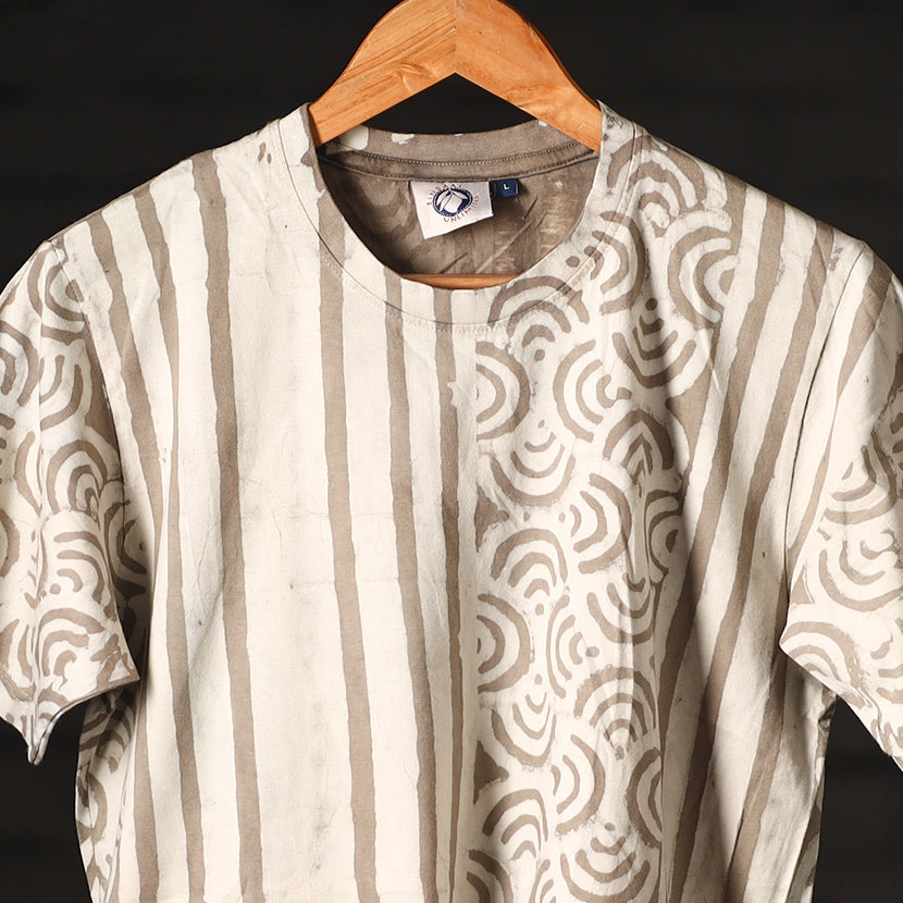 Beige - Brown - Bindaas Natural Dyed Art Block Print Round Neck T-shirt in Pure Cotton