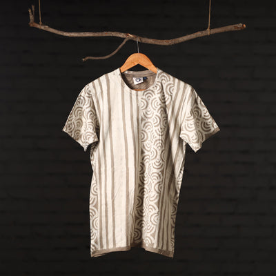 Beige - Brown - Bindaas Natural Dyed Art Block Print Round Neck T-shirt in Pure Cotton