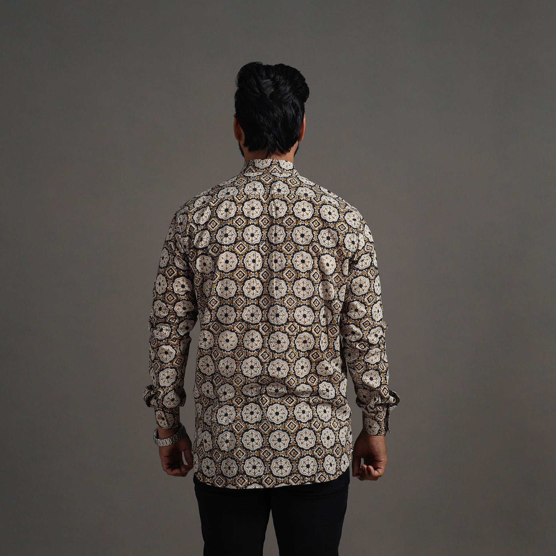 Brown - Bagru Block Printed Cotton Men Full Sleeve Shirt 13