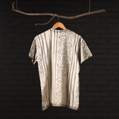 Beige - Brown - Bindaas Natural Dyed Art Block Print Round Neck T-shirt in Pure Cotton