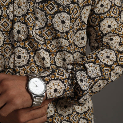 Brown - Bagru Block Printed Cotton Men Full Sleeve Shirt 13