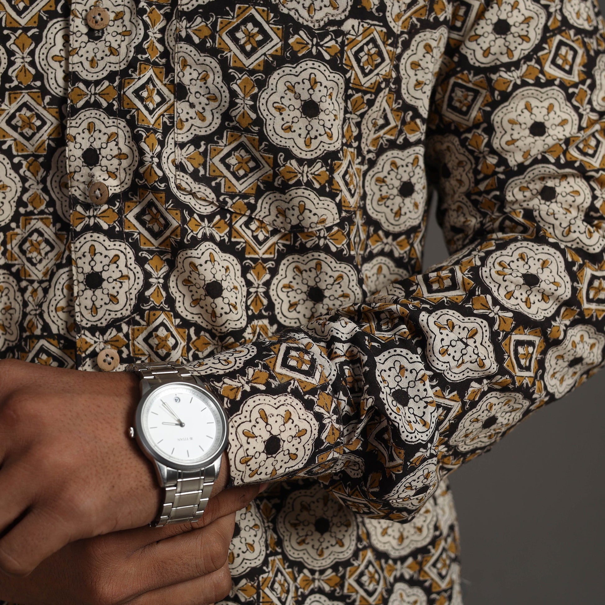 Brown - Bagru Block Printed Cotton Men Full Sleeve Shirt 13