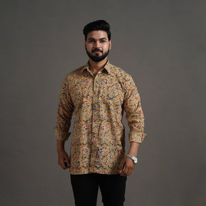 Beige - Kalamkari Block Printed Cotton Men Full Sleeve Shirt 08