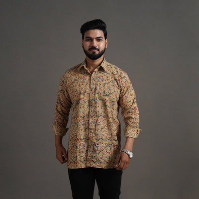 Beige - Kalamkari Block Printed Cotton Men Full Sleeve Shirt 08