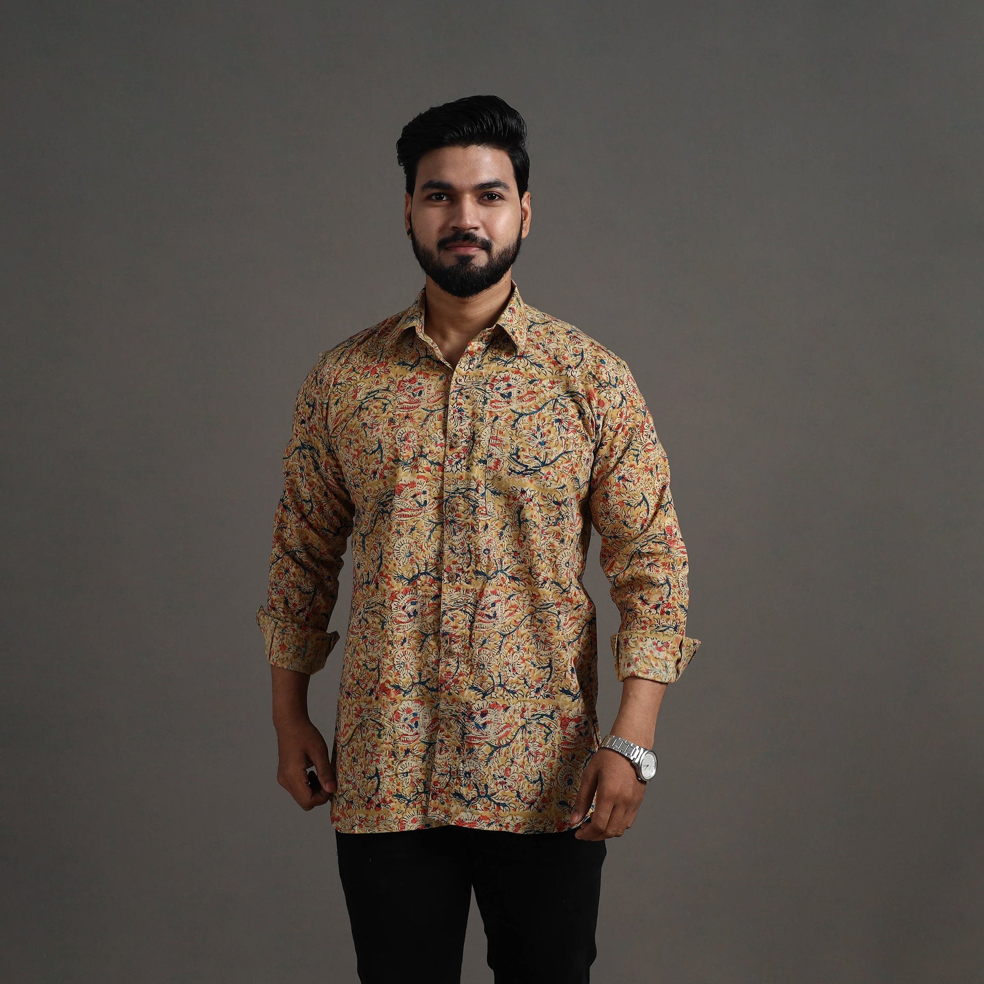 Beige - Kalamkari Block Printed Cotton Men Full Sleeve Shirt 08