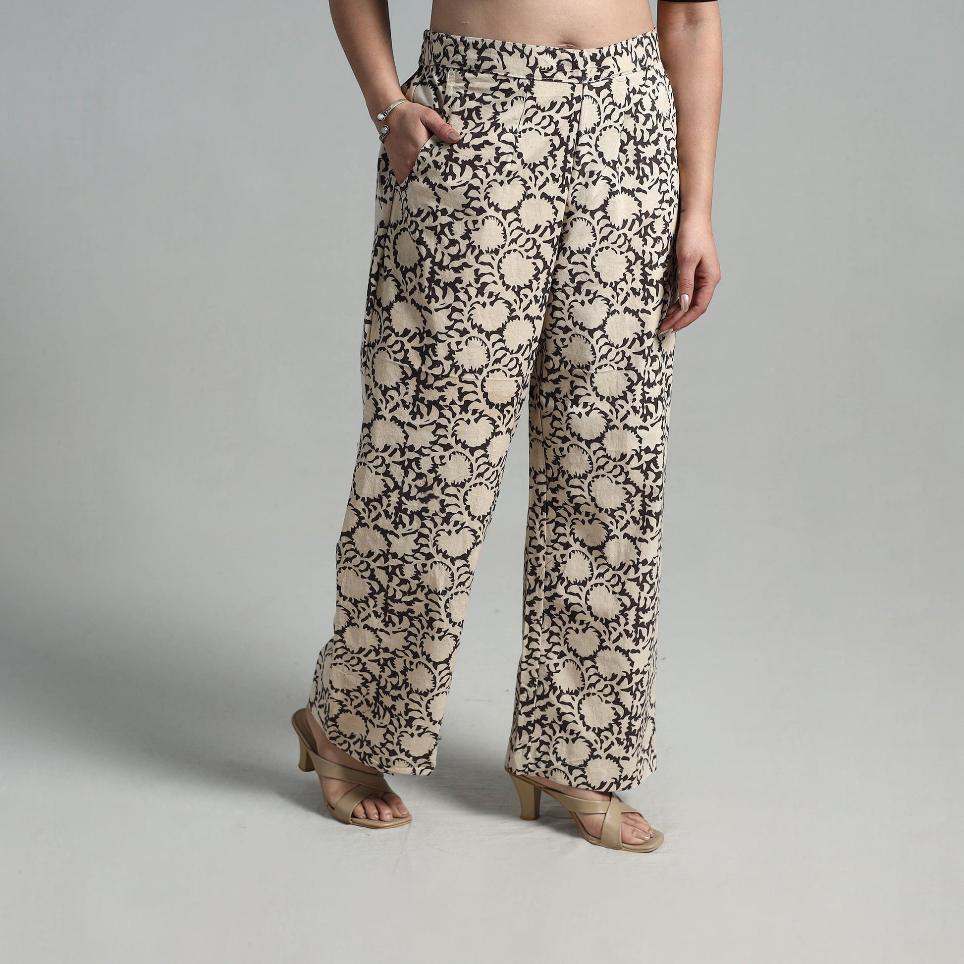 Beige - Block Printed Cotton Pedana Kalamkari Palazzo 12