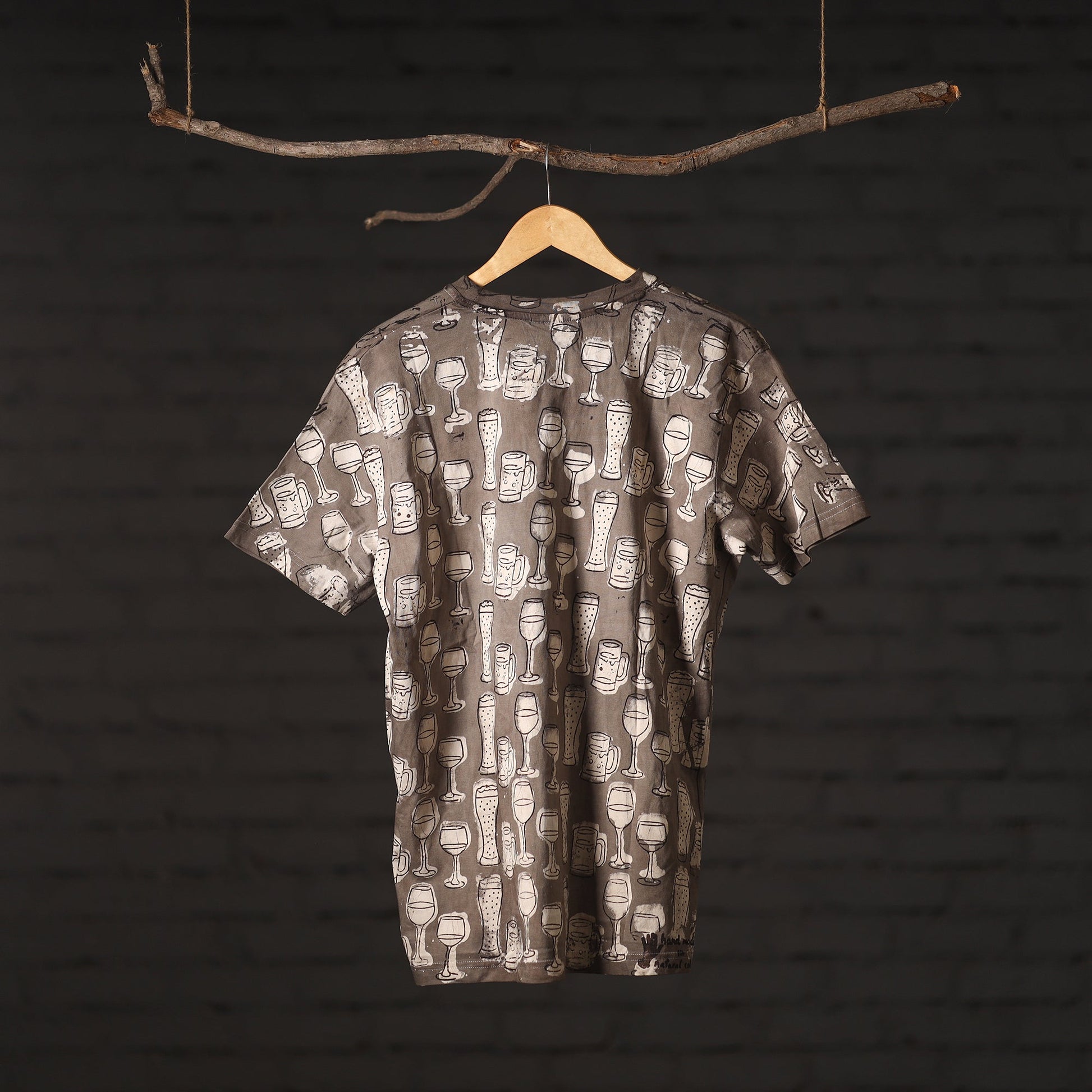 Brown - Bindaas Block Art Prints Natural Dyed Cotton Unisex Round Neck T-shirt