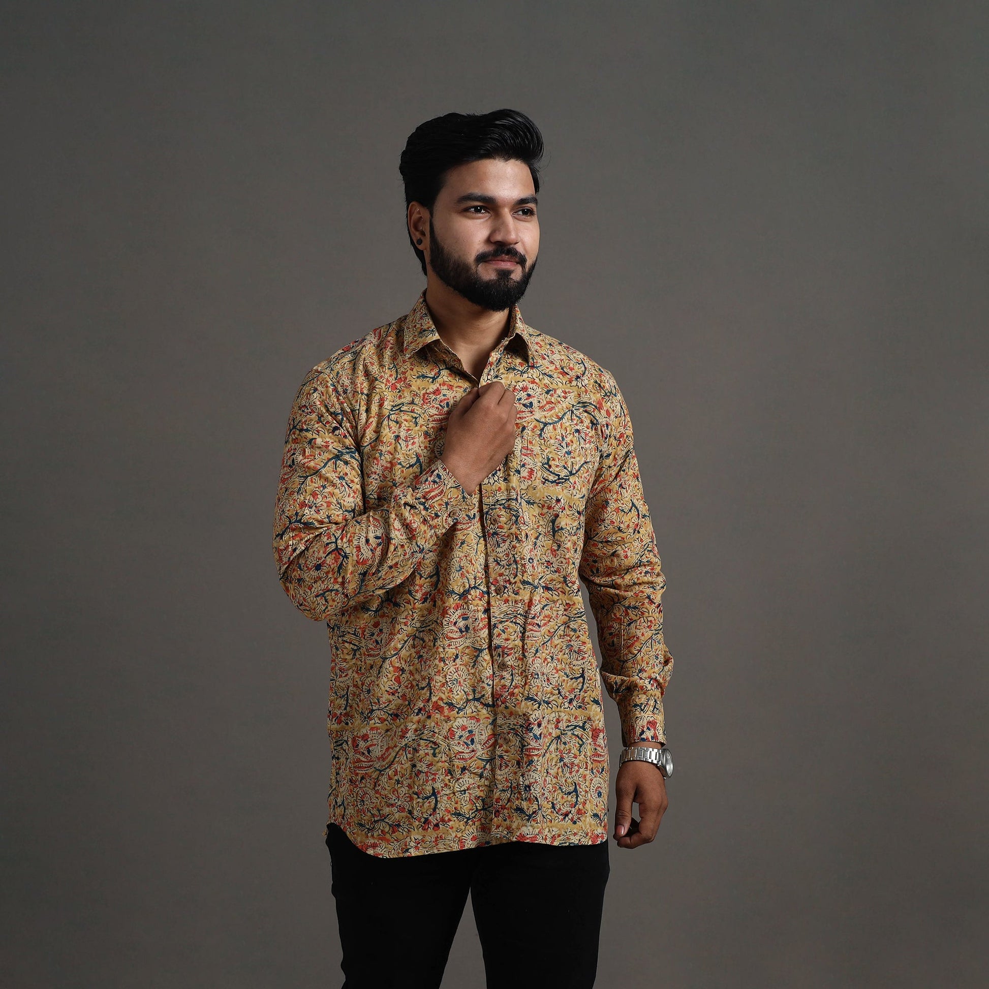 Beige - Kalamkari Block Printed Cotton Men Full Sleeve Shirt 08